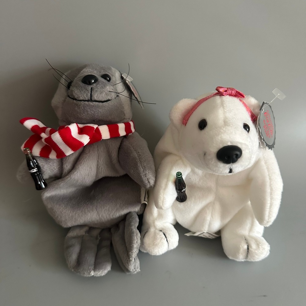 Coca-Cola Plush Bean Bag Set Polar Bear with Bow and Seal with Scarf 2pc Lot